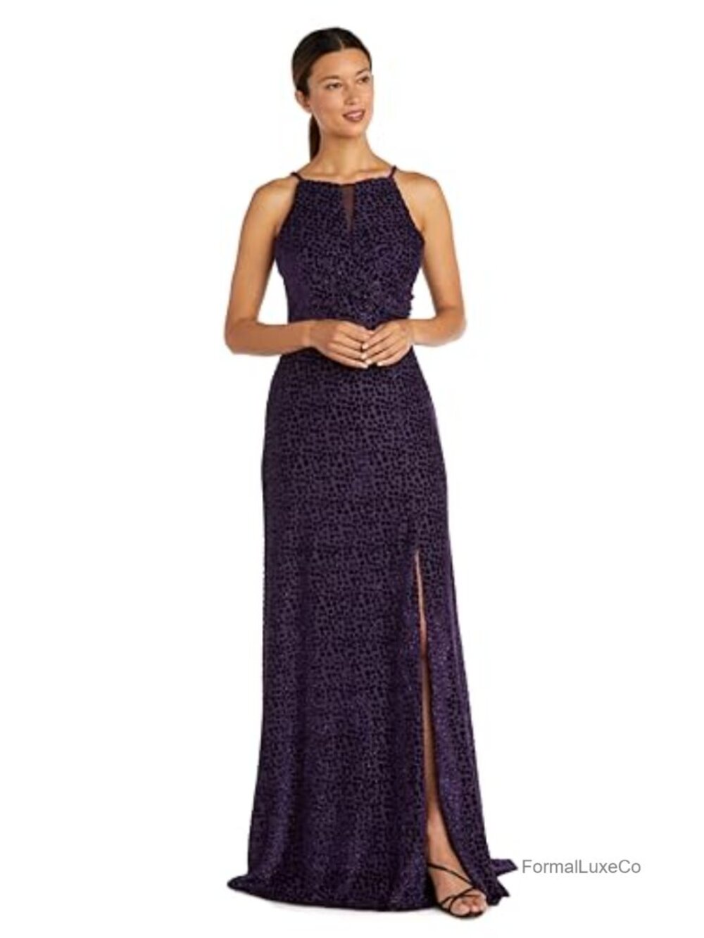NIGHTWAY Mock Wrap Dress High Slit Velvet Burnout Formal Maxi